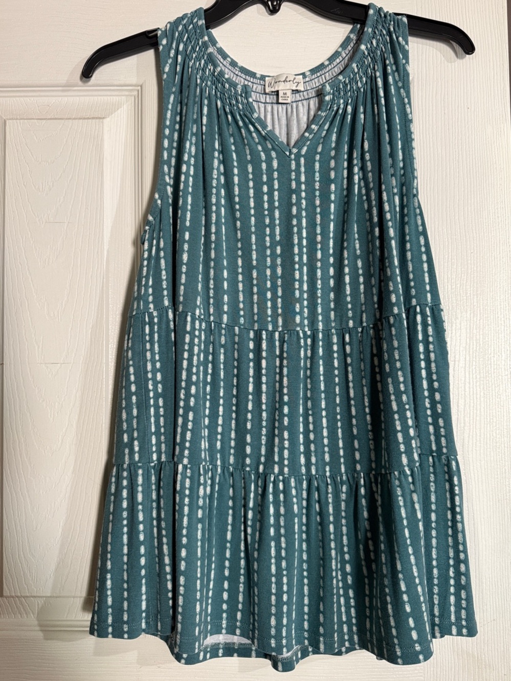 Wonderly Teal Tiered V-Neck Sleeveless Tank with White Dotted Stripes